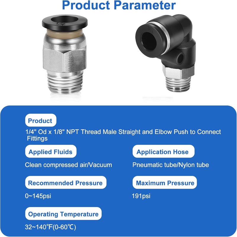 cnaodun 12 Pcs Push to Connect Fittings 1/4 Inch Tube OD x 1/8 Inch NPT Thread Pneumatic Male Straight and Elbow Quick Connect Air line fittings - Image 2